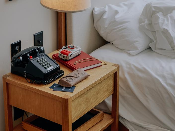 A bedside table with old-school phone, camera, and journal.