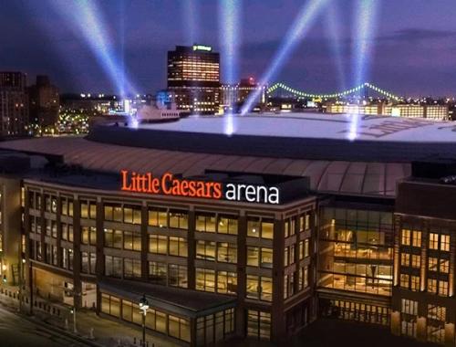 Exterior view of Little Caesars Arena 