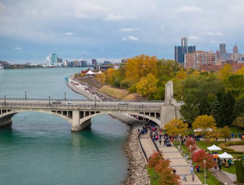 Arial view of the Detroit International Riverwalk