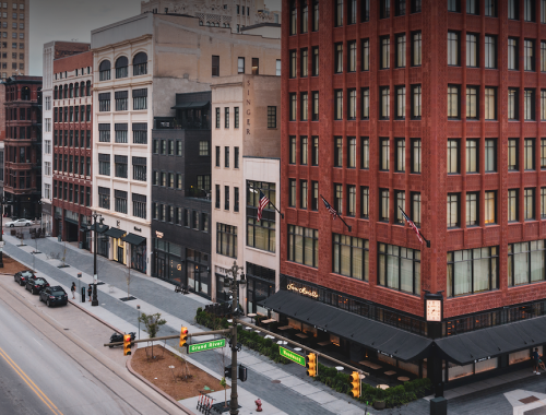 Exterior and street of Shinola Hotel in Detroit