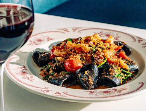 Red wine and squid ink paccheri at San Morello