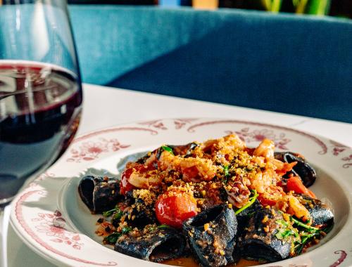Red wine and squid ink paccheri at San Morello