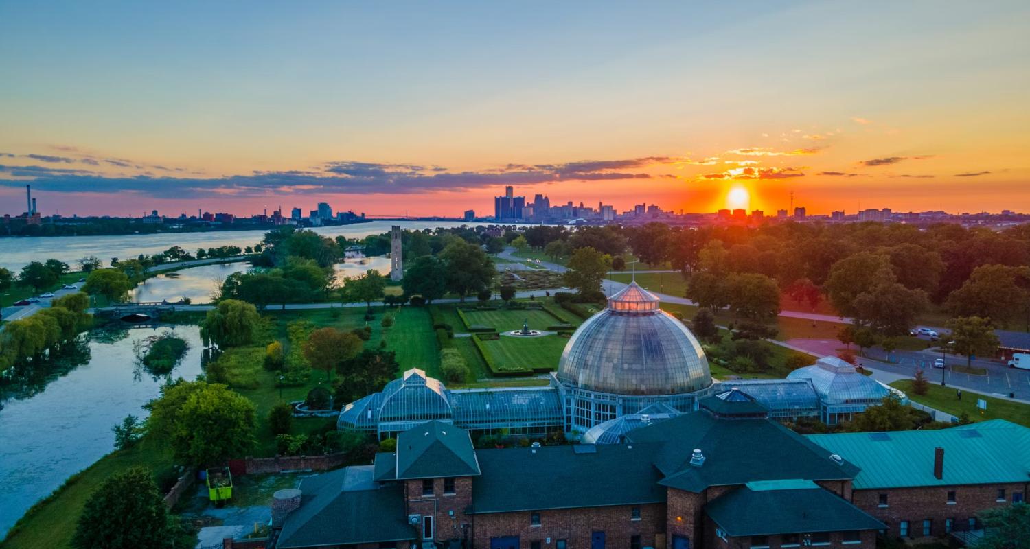 Arial view of Belle Isle at sunset