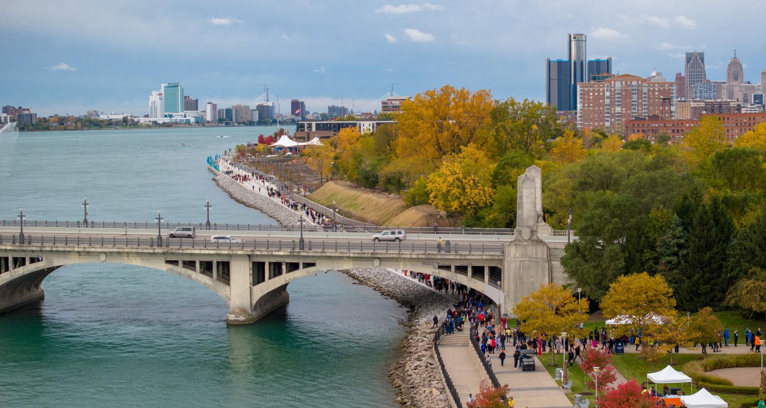 Arial view of the Detroit International Riverwalk