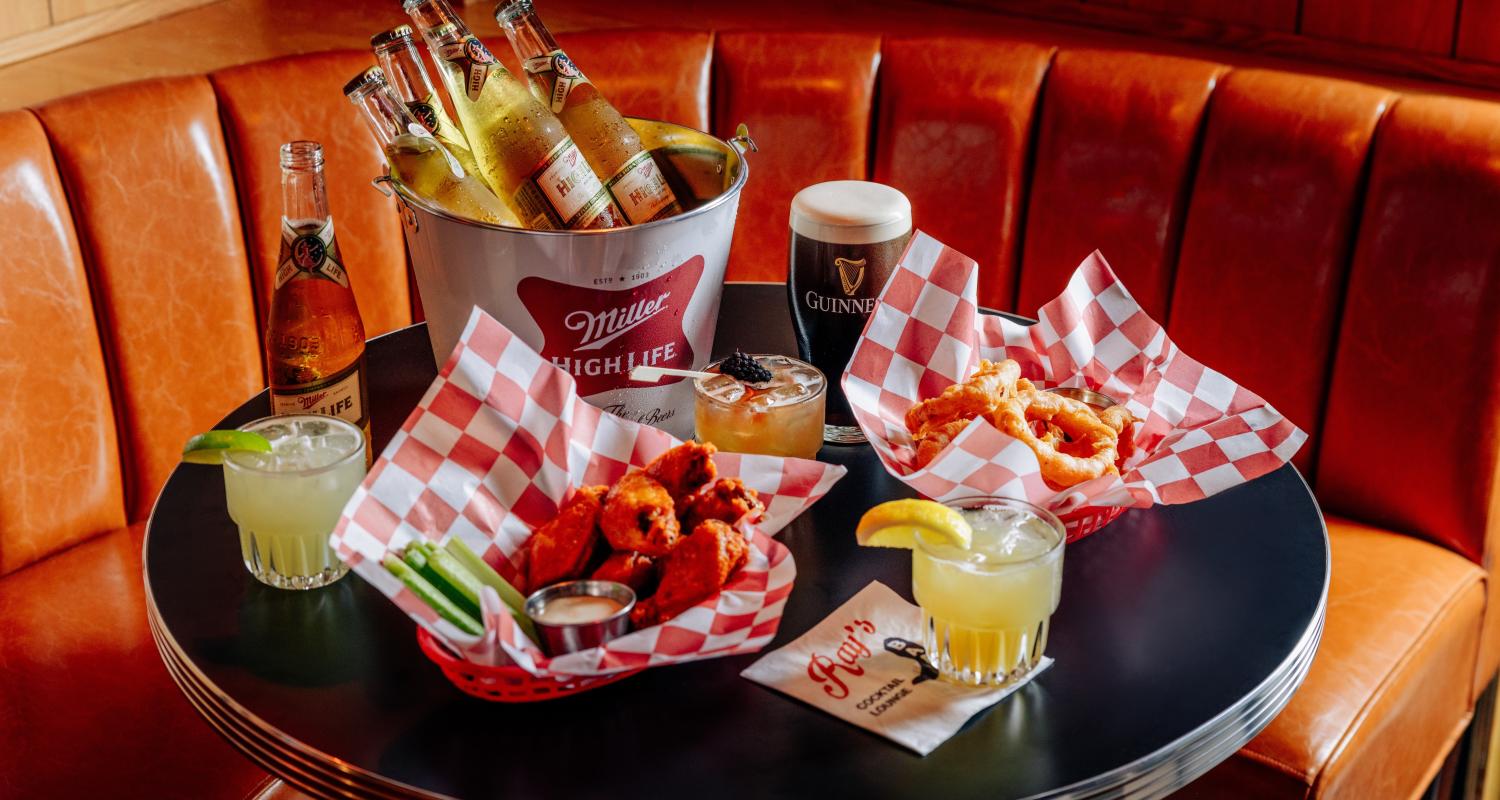 Spread of bar bites and drinks at Ray's