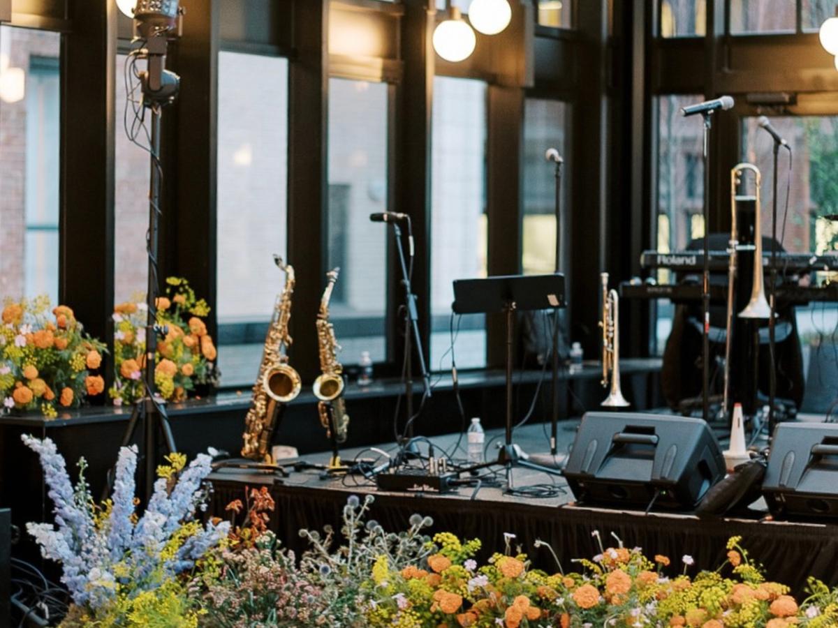 Music setup on stage in the Birdy Room