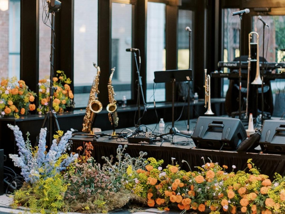Music setup on stage in the Birdy Room