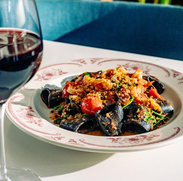 Red wine and squid ink paccheri at San Morello