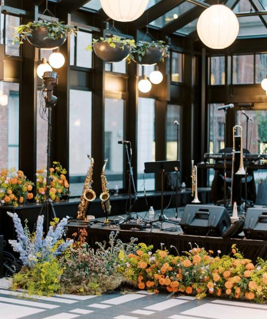 Music setup on stage in the Birdy Room