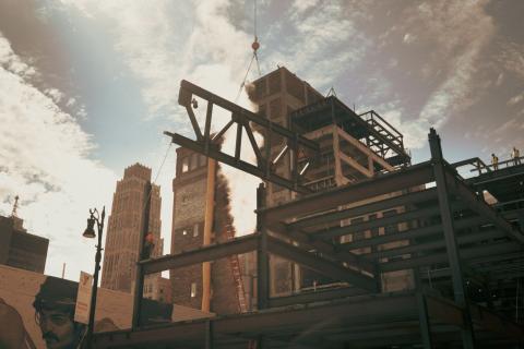 Crane lifting Rebar in Detriot